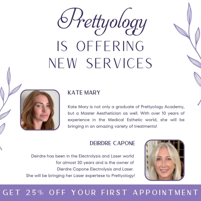 ✨LETS GET YOU GLOWING✨ 

We are so excited to introduce you to our newest Prettyologists, Kate and Deirdre and to all of our new anti-aging skin perfecting services! Our fabulous new Medi-Skincare services include laser hair removal, SkinCeuticals facials, dermaplaning, variety of peels (to address breakouts, redness, aging skin, and more) Procell micro-channeling. These exciting additions will provide you, our clients with even more options to enhance your beauty and well-being. We have everything needed for the face, neck, décolleté, and even makes tracks stretch, marks, and scars, less noticeable!

💖Introductory offer 25% off your first appointment💖
Book your appointment now:

📞 617-262-1607
🖥️ www.prettyology.com
